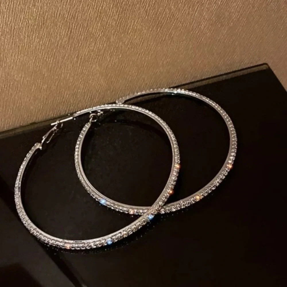 18k White Gold CZ Pave Stone Large Hoops Hoop Earrings - Picture 2 of 3